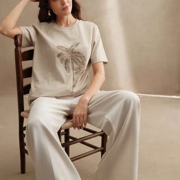 Beige Palm tree Embellished Women's Top - Picture 4 of 6